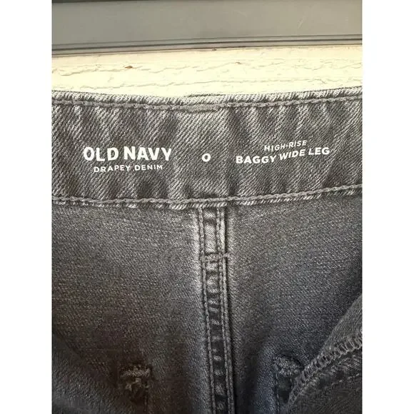 Old Navy High Rise Baggy Wide Leg Jeans Black Wash Raw Hem Size 0 - Picture 3 of 7